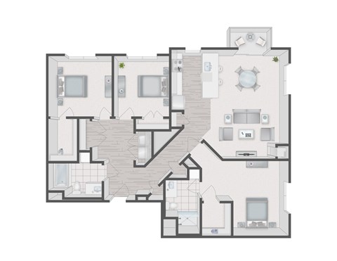 A floor plan of a house with a kitchen, living room, and two bedrooms.